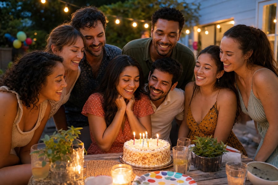 Friends gathering around a birthday cake