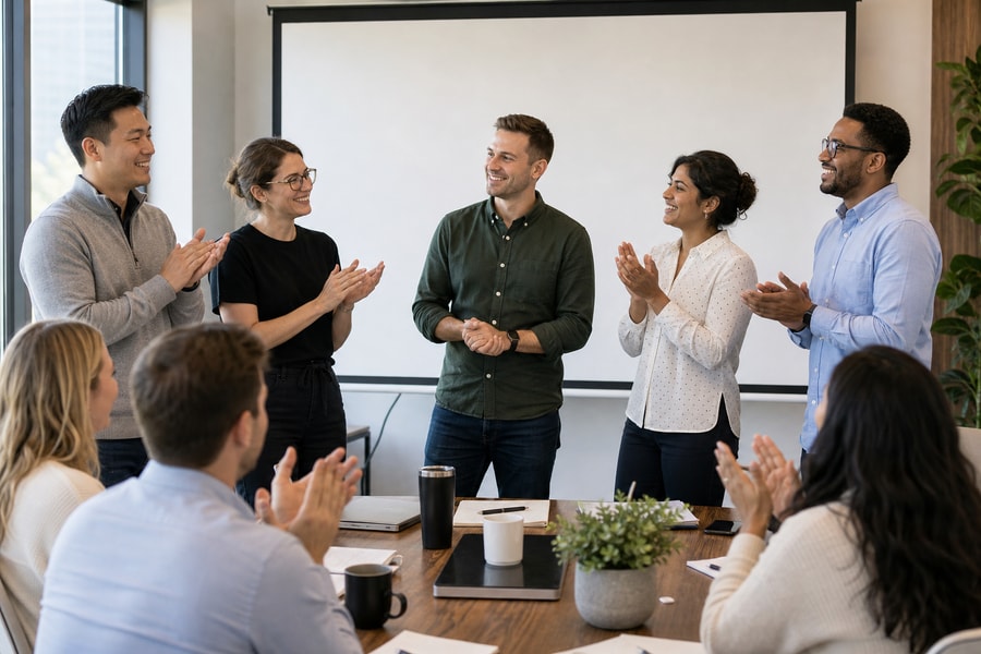 Coworkers sharing a moment at a team event