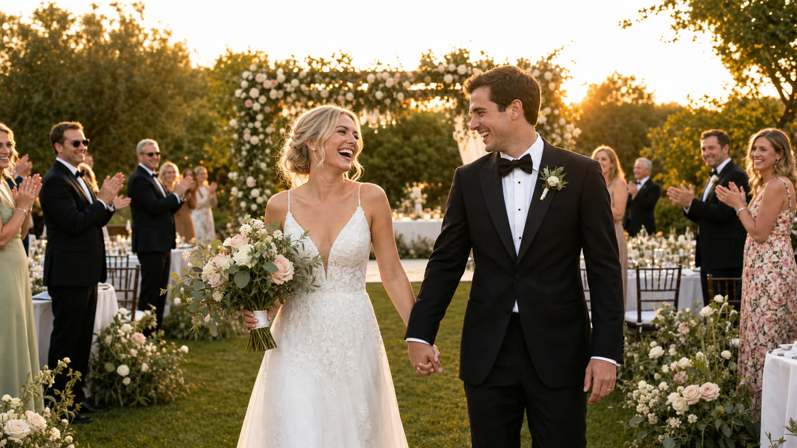 A couple celebrating their garden wedding