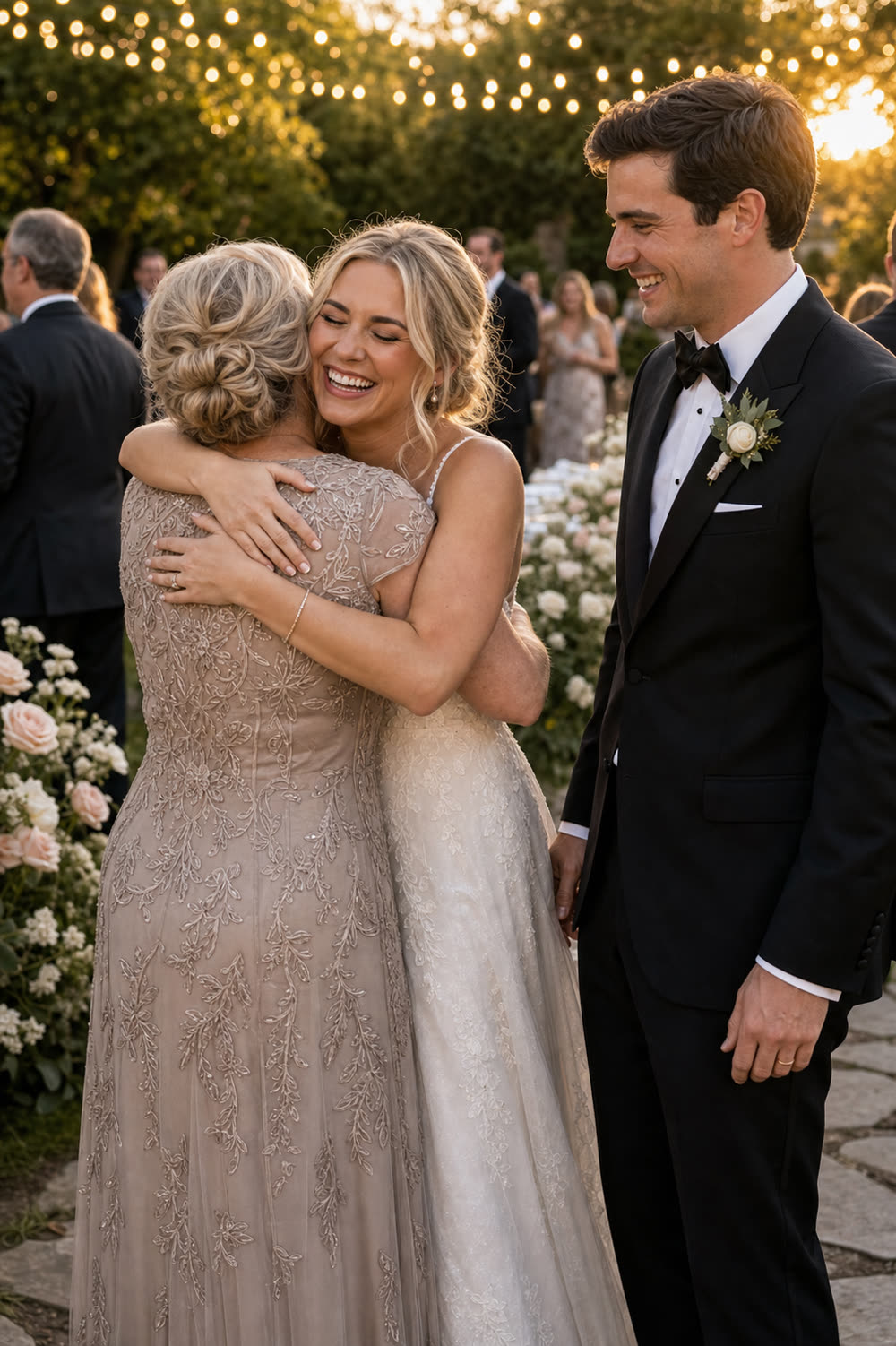 A warm family hug at a wedding